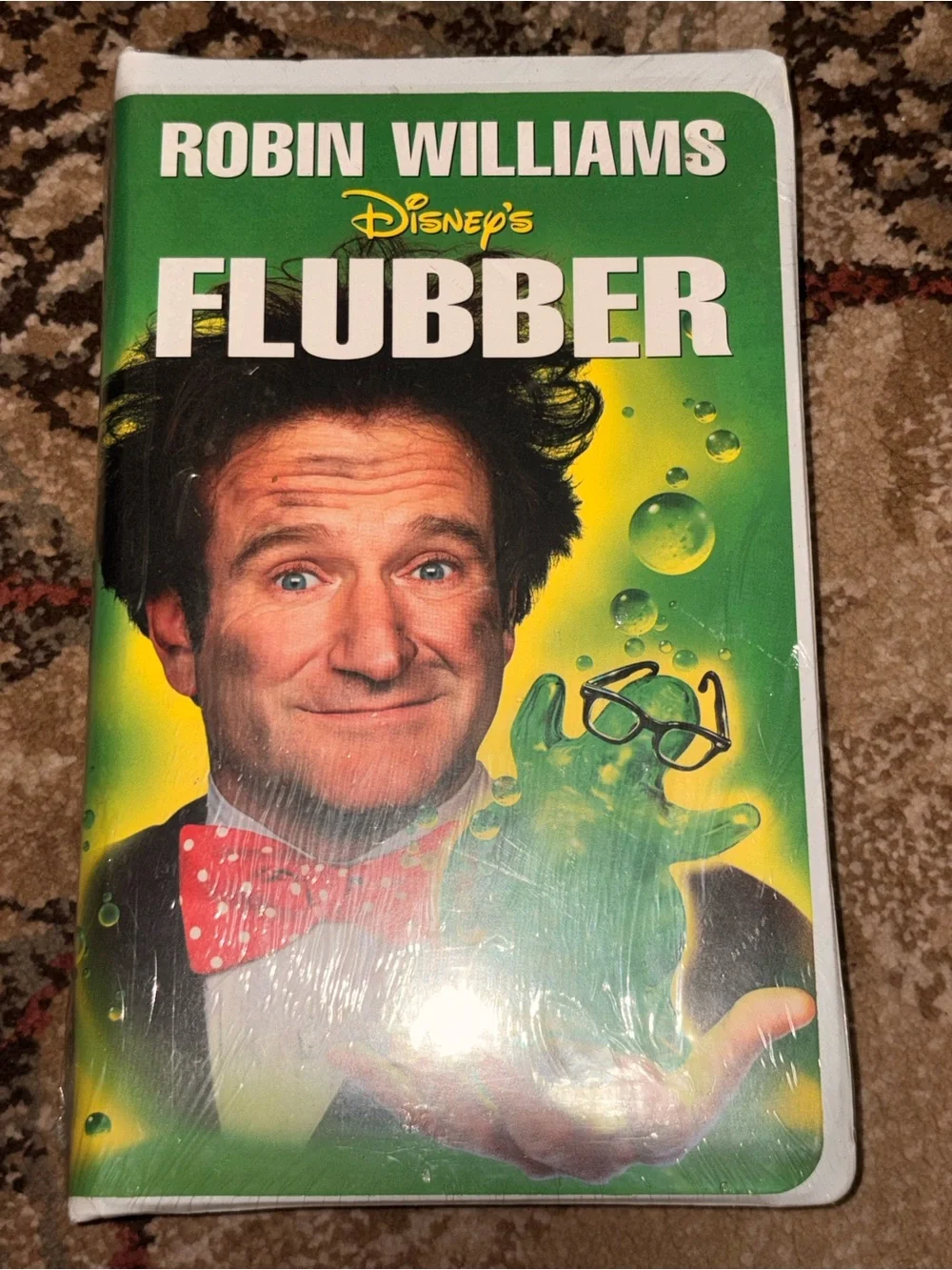 Disney Flubber VHS Back Cover — Green, Blue, Yellow Artwork